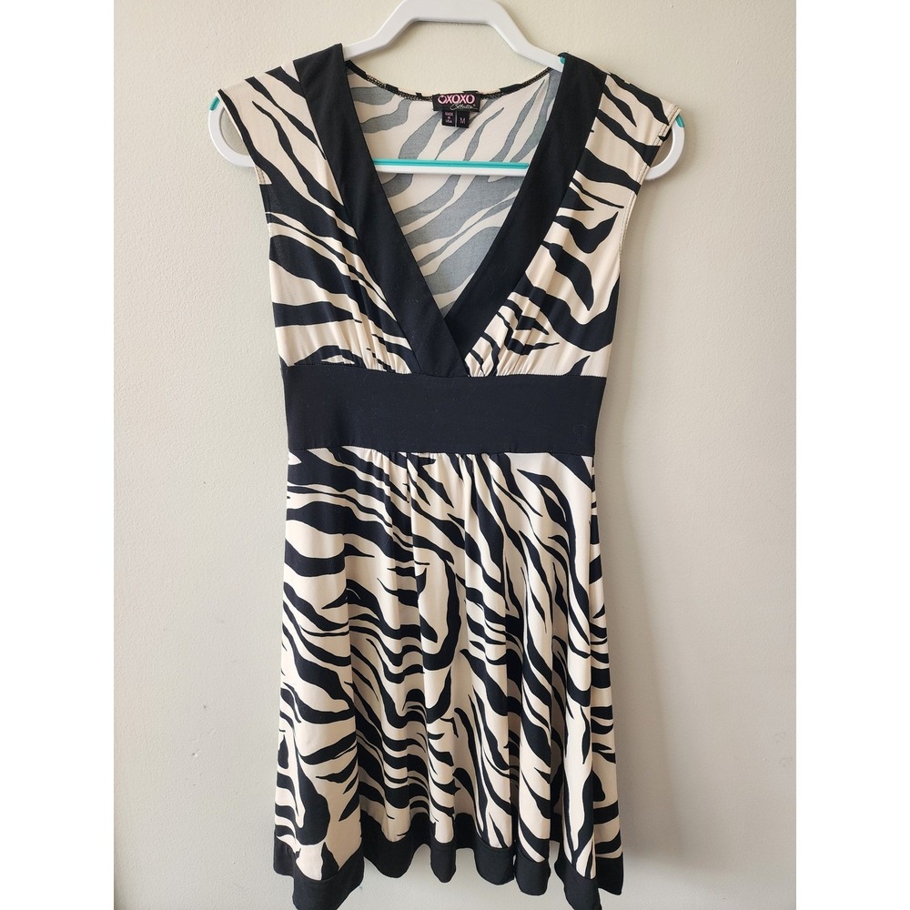 OXOXO Collection Dress Size Medum Zebra Print V-Neck Empire Waist Fit & Flare
